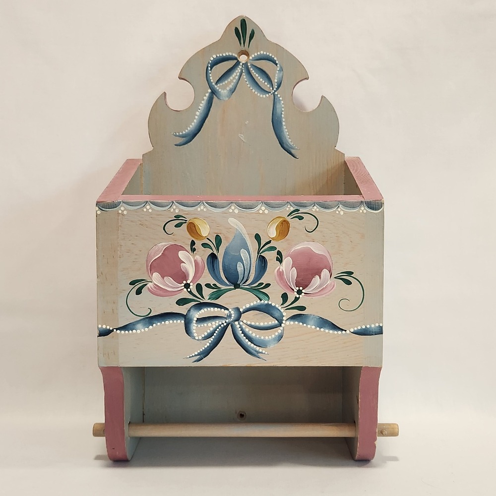 Vintage Rosemaling Hand Painted Wood Wall Organizer Floral Mail Towel Holder